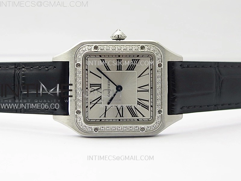 Santos Dumont 43.5mm SS Diamonds Bezel F1F Best Edition Silver Dial on Black Leather Strap Quartz