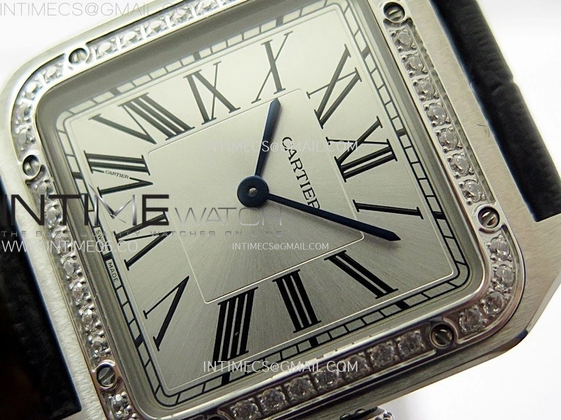Santos Dumont 43.5mm SS Diamonds Bezel F1F Best Edition Silver Dial on Black Leather Strap Quartz