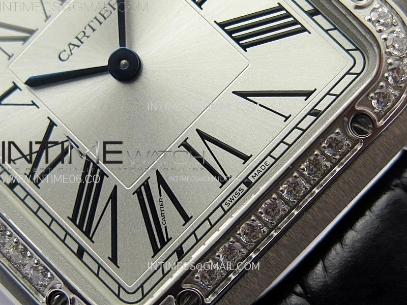 Santos Dumont 43.5mm SS Diamonds Bezel F1F Best Edition Silver Dial on Black Leather Strap Quartz