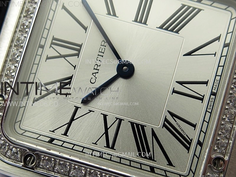 Santos Dumont 43.5mm SS Diamonds Bezel F1F Best Edition Silver Dial on Black Leather Strap Quartz