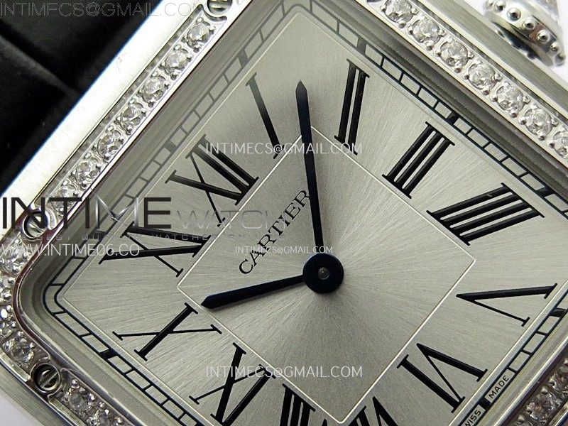 Santos Dumont 43.5mm SS Diamonds Bezel F1F Best Edition Silver Dial on Black Leather Strap Quartz
