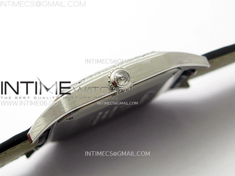 Santos Dumont 43.5mm SS Diamonds Bezel F1F Best Edition Silver Dial on Black Leather Strap Quartz
