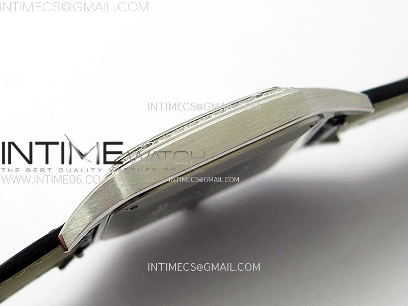 Santos Dumont 43.5mm SS Diamonds Bezel F1F Best Edition Silver Dial on Black Leather Strap Quartz