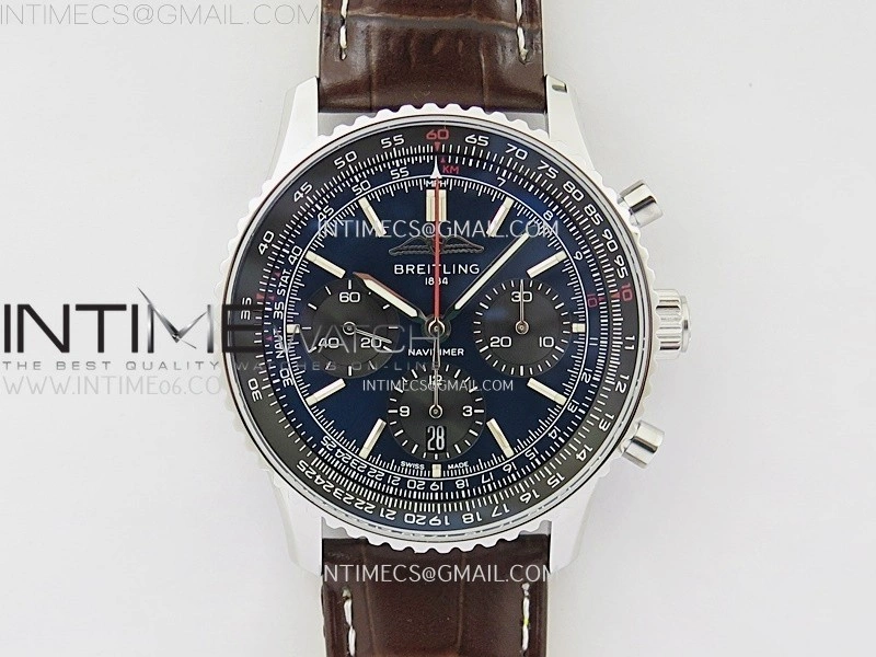 Navitimer B01 43mm SS B50 Best Edition Blue Dial Black Subdial On Brown Leather Strap A7750