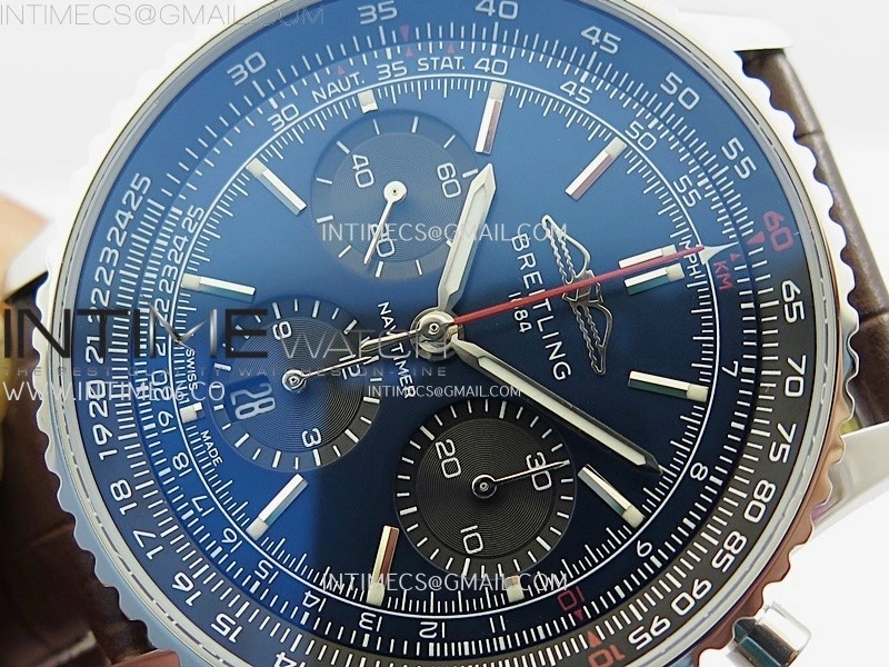 Navitimer B01 43mm SS B50 Best Edition Blue Dial Black Subdial On Brown Leather Strap A7750