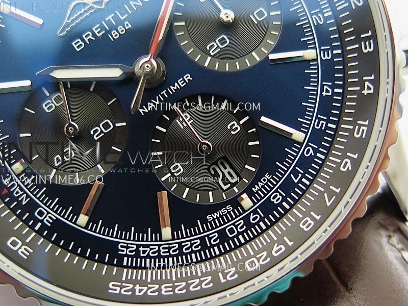 Navitimer B01 43mm SS B50 Best Edition Blue Dial Black Subdial On Brown Leather Strap A7750