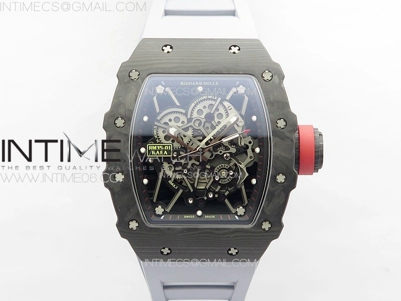 RM035-01 Forged Carbon Case KUF Best Edition Red Crown on Gray Rubber Strap MIYOTA8215