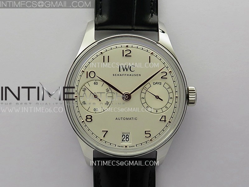 Portuguese Real PR IW501701 SS APSF 1:1 Best Edition Cream Dial RG Marker On Black Leather Strap A52010
