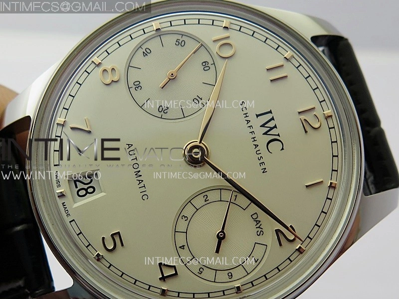 Portuguese Real PR IW501701 SS APSF 1:1 Best Edition Cream Dial RG Marker On Black Leather Strap A52010