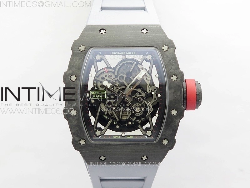 RM035-02 Forged Carbon Case KUF Best Edition Red Crown on Gray Rubber Strap MIYOTA8215