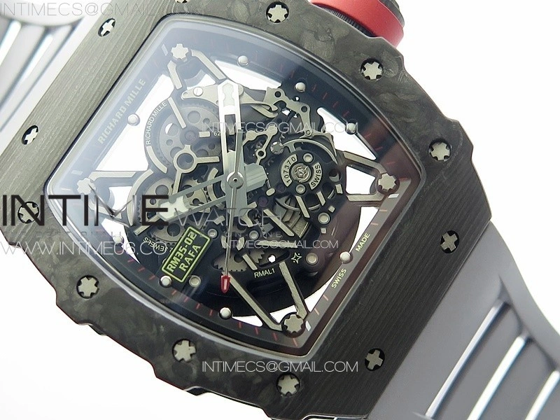 RM035-02 Forged Carbon Case KUF Best Edition Red Crown on Gray Rubber Strap MIYOTA8215