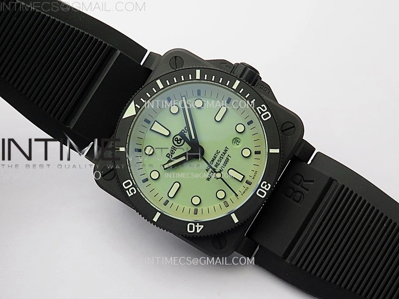 Instruments BR03A-D Ceramic M+F 1:1 Best Edition Green Lumed Dial on Rubber Strap MIYOTA 9015 V3