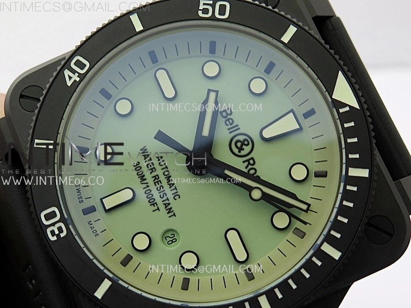 Instruments BR03A-D Ceramic M+F 1:1 Best Edition Green Lumed Dial on Rubber Strap MIYOTA 9015 V3