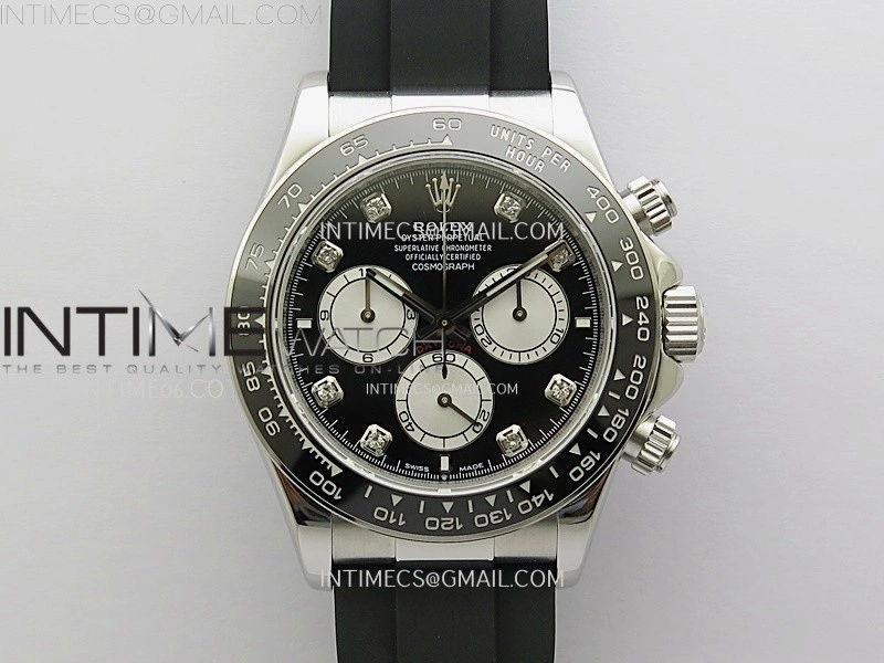 Daytona 126519 904L SS ESF 1:1 Best Edition Black Dial Diamonds Markers on Rubber Strap A4131 Mod