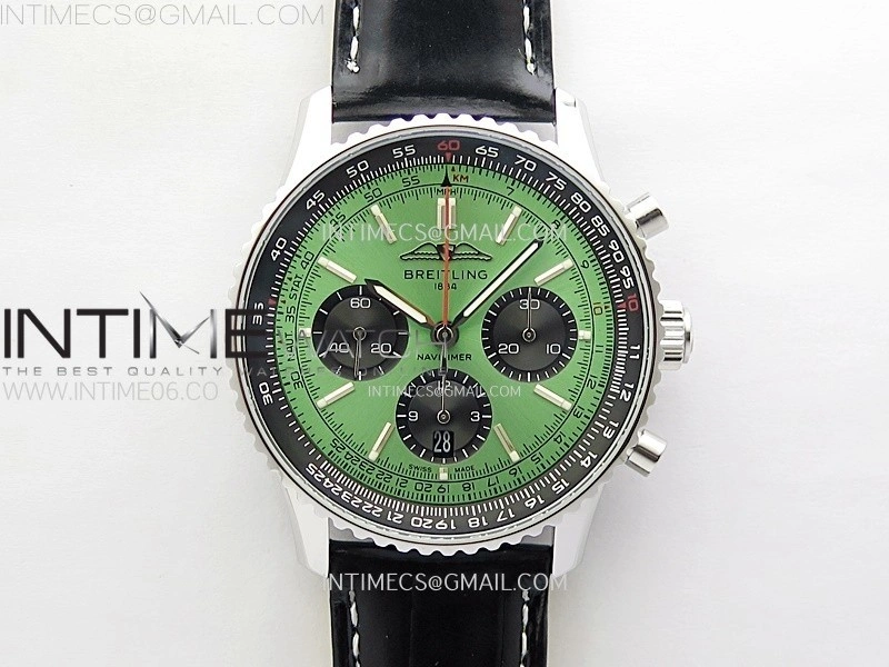 Navitimer B01 43mm SS B50 Best Edition Green Dial Black Subdial On Black Leather Strap A7750