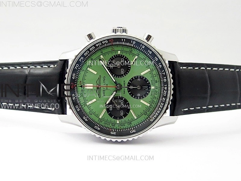 Navitimer B01 43mm SS B50 Best Edition Green Dial Black Subdial On Black Leather Strap A7750
