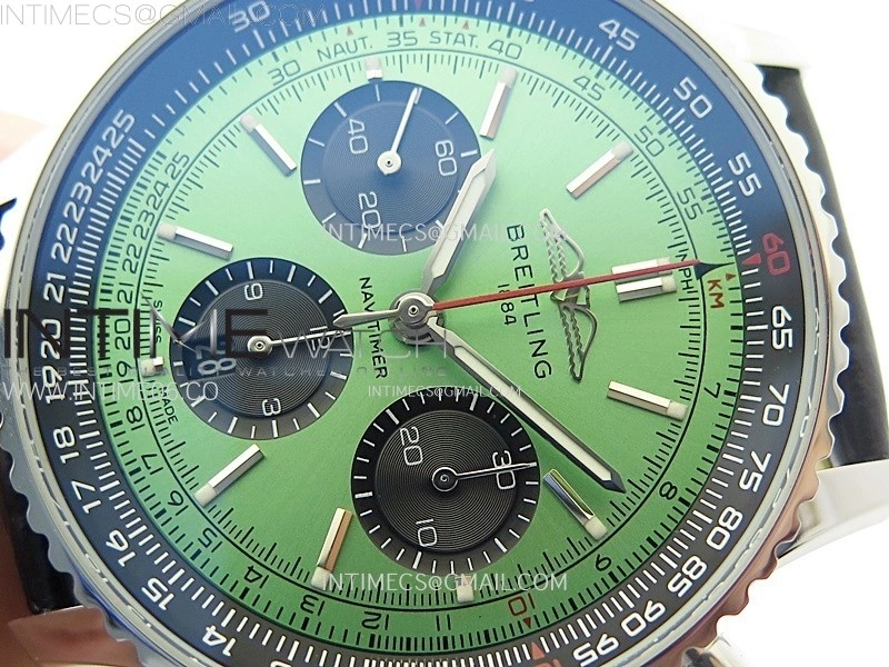Navitimer B01 43mm SS B50 Best Edition Green Dial Black Subdial On Black Leather Strap A7750