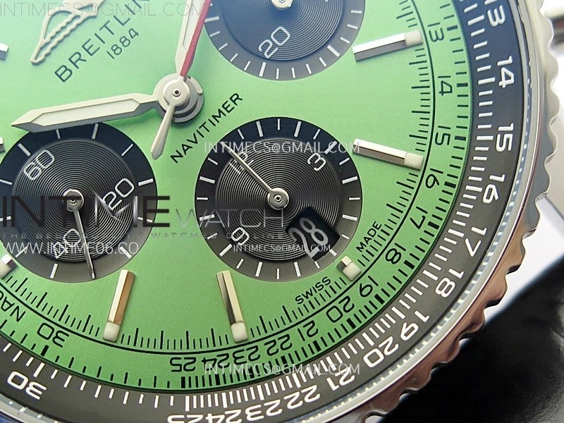 Navitimer B01 43mm SS B50 Best Edition Green Dial Black Subdial On Black Leather Strap A7750