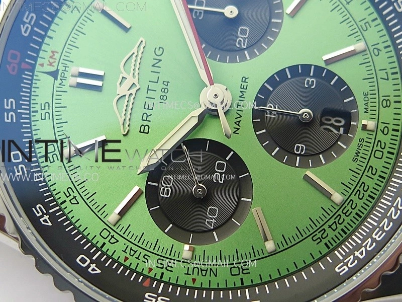 Navitimer B01 43mm SS B50 Best Edition Green Dial Black Subdial On Black Leather Strap A7750