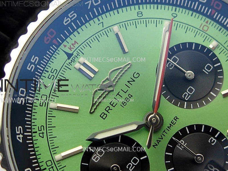 Navitimer B01 43mm SS B50 Best Edition Green Dial Black Subdial On Black Leather Strap A7750