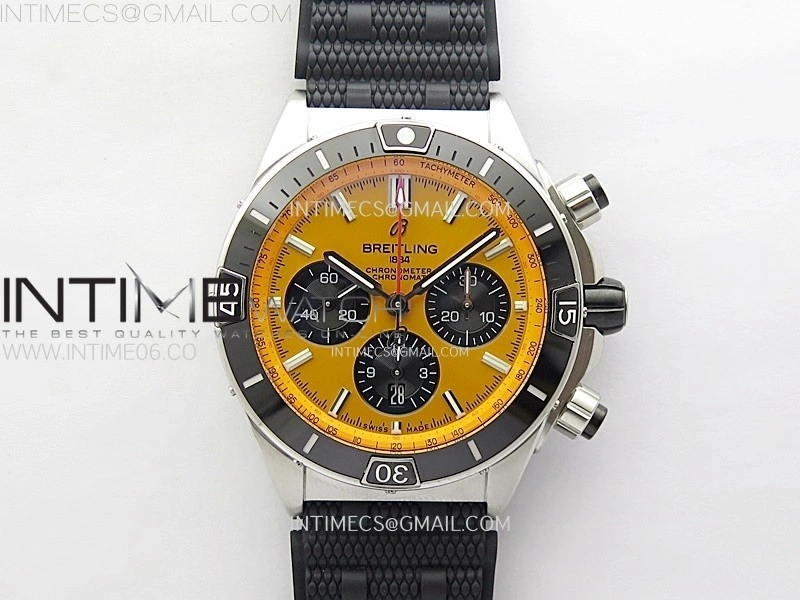 Chronomat B01 44mm SS BLSF 1:1 Best Edition Yellow Dial on Black Rubber Strap A7750 to Cal.01