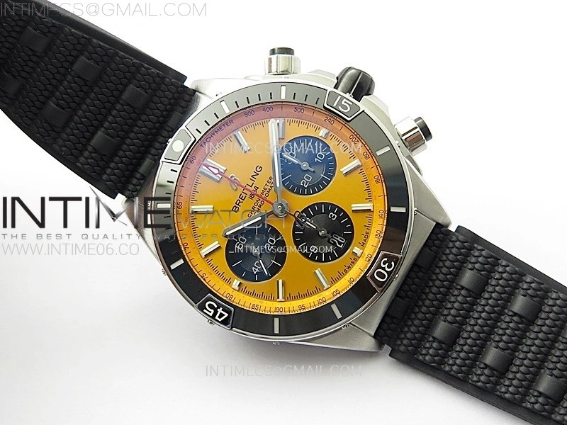 Chronomat B01 44mm SS BLSF 1:1 Best Edition Yellow Dial on Black Rubber Strap A7750 to Cal.01