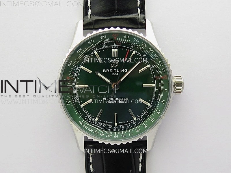 Navitimer 1 Automatic 41mm SS BLSF 1:1 Best Edition Green Dial on Black Leather Strap A2824