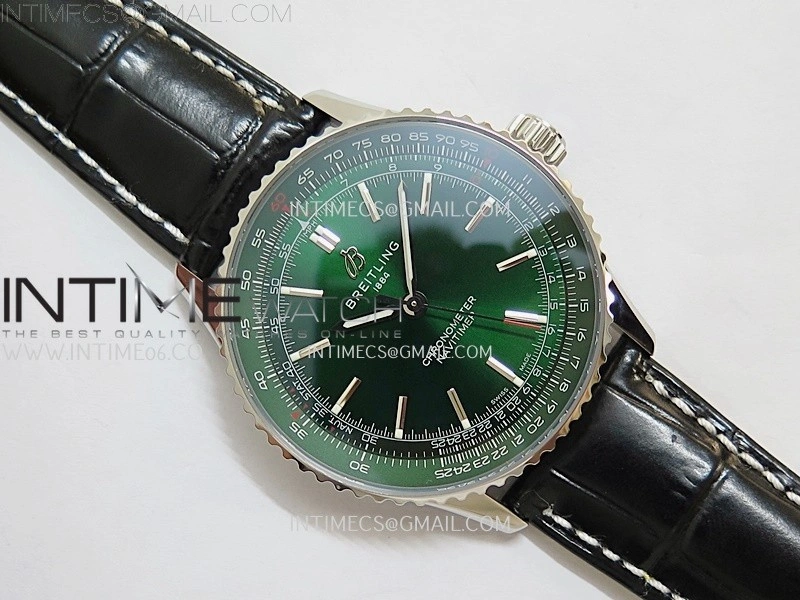 Navitimer 1 Automatic 41mm SS BLSF 1:1 Best Edition Green Dial on Black Leather Strap A2824
