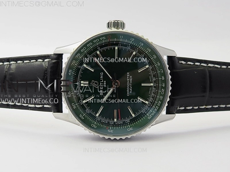 Navitimer 1 Automatic 41mm SS BLSF 1:1 Best Edition Green Dial on Black Leather Strap A2824