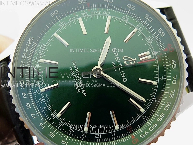Navitimer 1 Automatic 41mm SS BLSF 1:1 Best Edition Green Dial on Black Leather Strap A2824