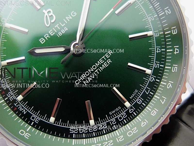 Navitimer 1 Automatic 41mm SS BLSF 1:1 Best Edition Green Dial on Black Leather Strap A2824