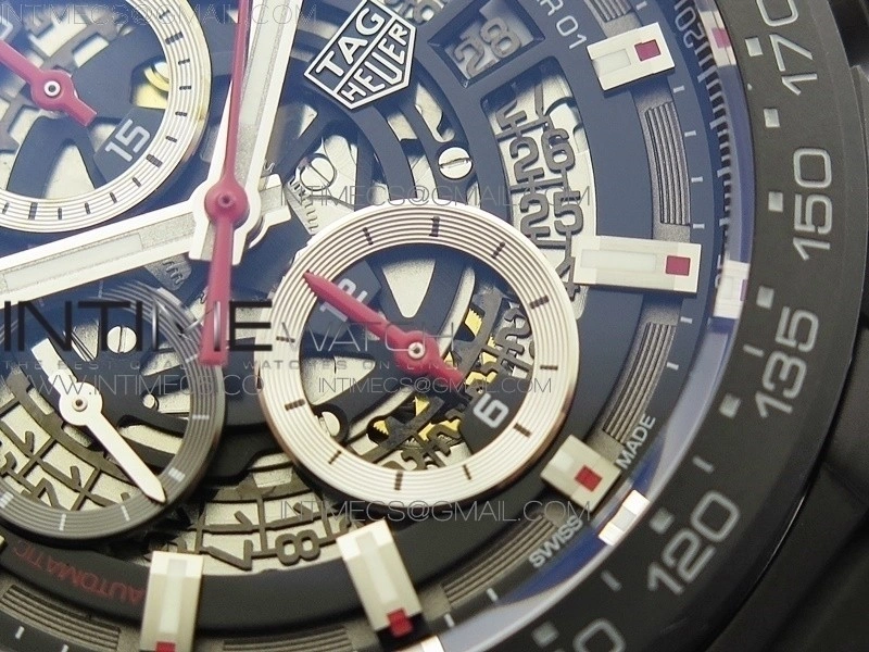 Calibre Heuer 01 Chrono 43mm Ceramic XF 1:1 Best Edition Skeleton Dial on Ceramic Bracelet A1887
