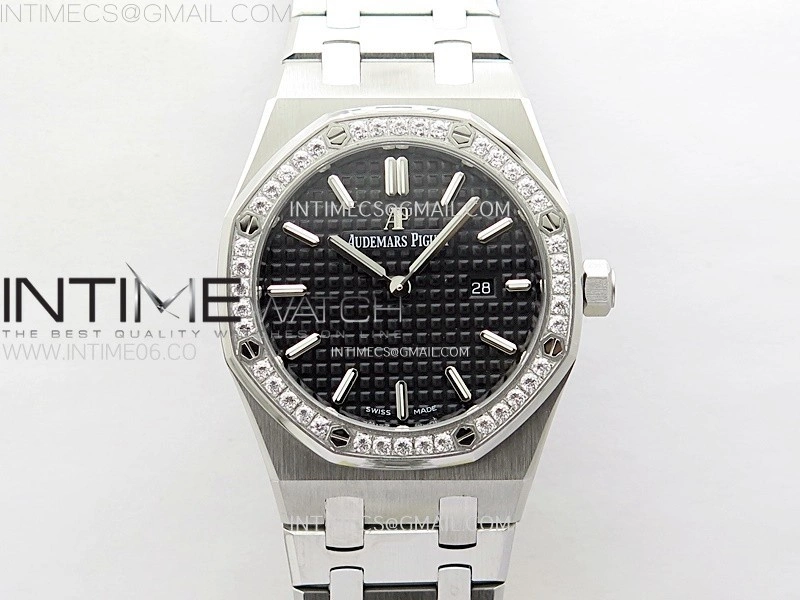 Lady Royal Oak 33mm 67651 Diamonds SS ZF 1:1 Best Edition Black Textured Dial on SS Bracelet RONDA Quartz