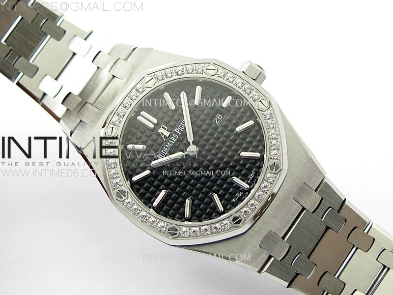 Lady Royal Oak 33mm 67651 Diamonds SS ZF 1:1 Best Edition Black Textured Dial on SS Bracelet RONDA Quartz