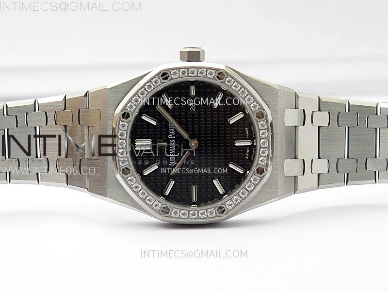 Lady Royal Oak 33mm 67651 Diamonds SS ZF 1:1 Best Edition Black Textured Dial on SS Bracelet RONDA Quartz