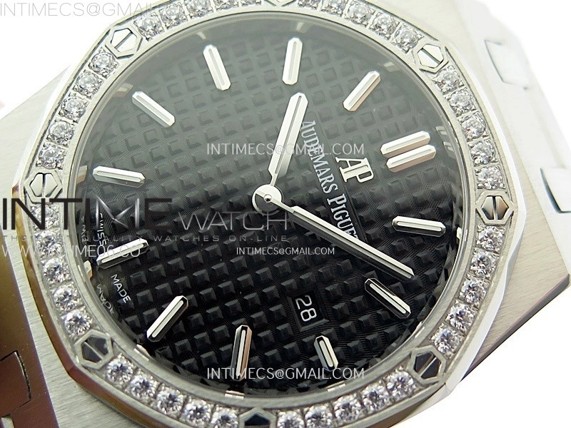 Lady Royal Oak 33mm 67651 Diamonds SS ZF 1:1 Best Edition Black Textured Dial on SS Bracelet RONDA Quartz