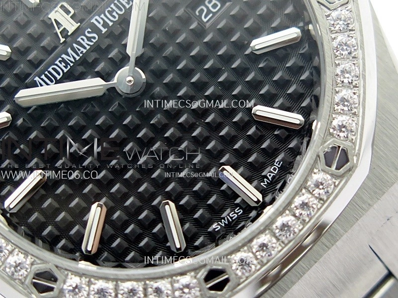Lady Royal Oak 33mm 67651 Diamonds SS ZF 1:1 Best Edition Black Textured Dial on SS Bracelet RONDA Quartz