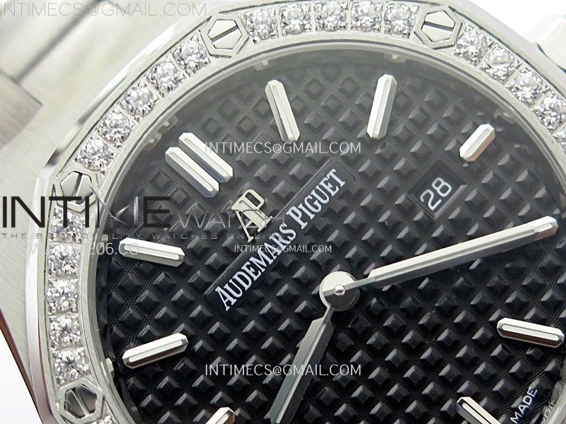 Lady Royal Oak 33mm 67651 Diamonds SS ZF 1:1 Best Edition Black Textured Dial on SS Bracelet RONDA Quartz