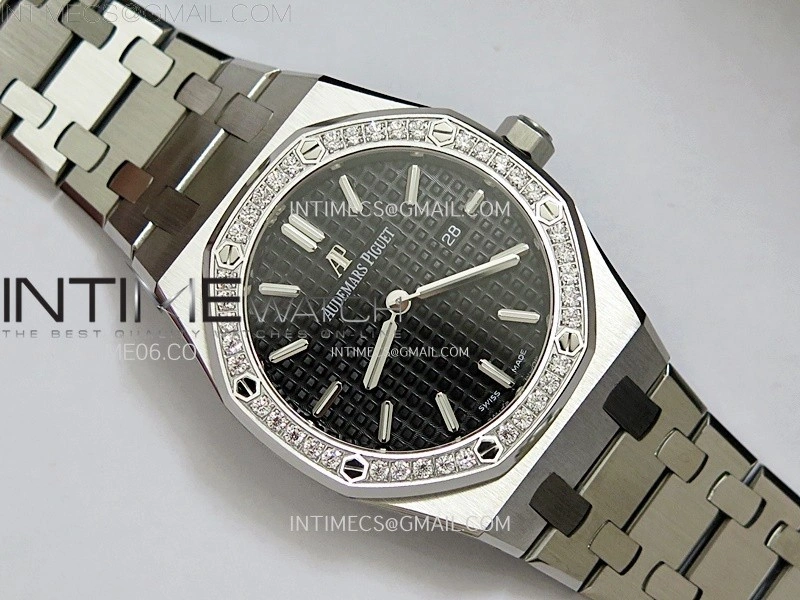 Lady Royal Oak 33mm 67651 Diamonds SS ZF 1:1 Best Edition Black Textured Dial on SS Bracelet RONDA Quartz