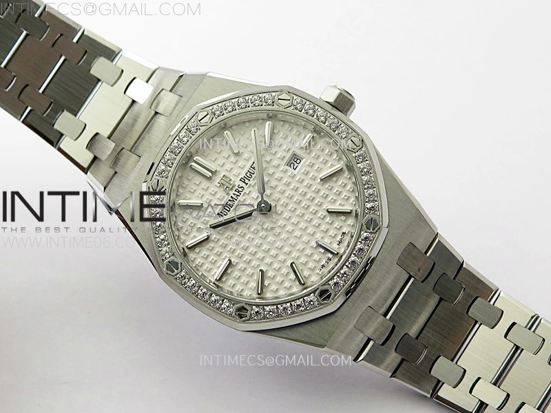 Lady Royal Oak 33mm 67651 Diamonds SS ZF 1:1 Best Edition White Textured Dial on SS Bracelet RONDA Quartz