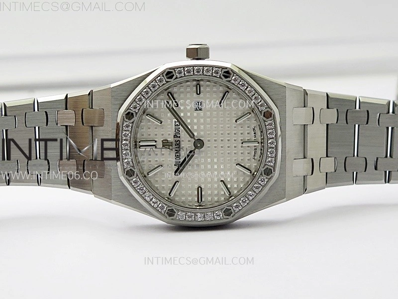 Lady Royal Oak 33mm 67651 Diamonds SS ZF 1:1 Best Edition White Textured Dial on SS Bracelet RONDA Quartz