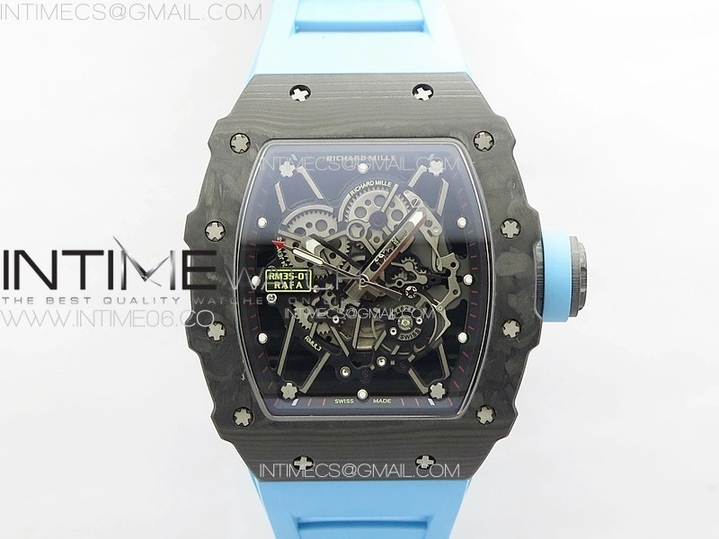 RM035-01 Forged Carbon Case KUF Best Edition Blue Crown on Blue Rubber Strap MIYOTA8215