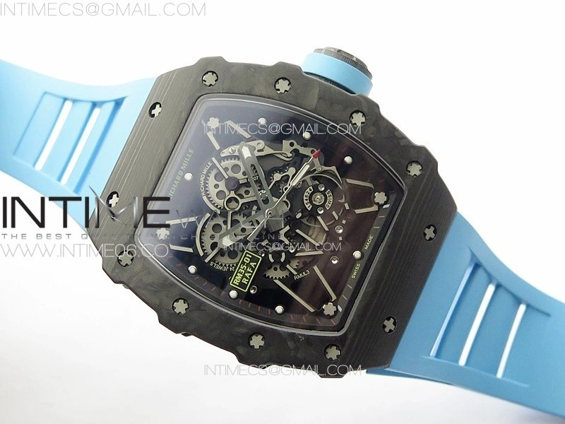 RM035-01 Forged Carbon Case KUF Best Edition Blue Crown on Blue Rubber Strap MIYOTA8215