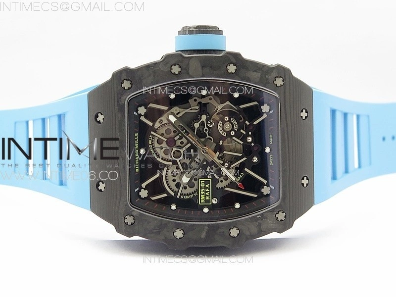 RM035-01 Forged Carbon Case KUF Best Edition Blue Crown on Blue Rubber Strap MIYOTA8215
