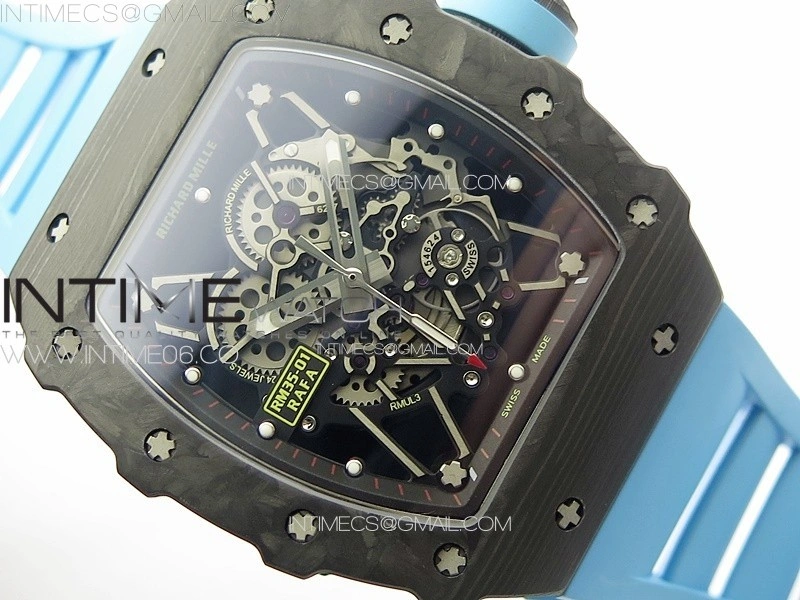 RM035-01 Forged Carbon Case KUF Best Edition Blue Crown on Blue Rubber Strap MIYOTA8215