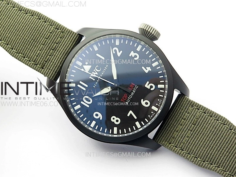 Big Pilot IW329801 Real Ceramic M+F 1:1 Best Edition Black Dial on Green Calfskin Strap SEIKO 8N-24