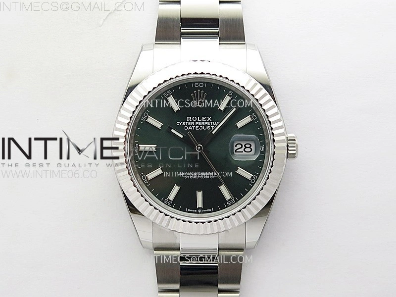 DateJust 41mm 126334 904 SS AR+F V2 1:1 Best Edition Fluted Bezel Green Dial Sticks Markers on Oyster Bracelet DD3235