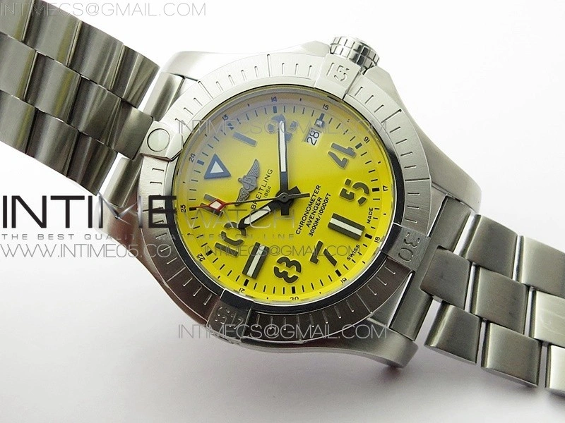 Seawolf 45mm SS B50 1:1 BestEdition SuperLumed Yellow Dial Black Numeral Markers on SS Bracelet A2824