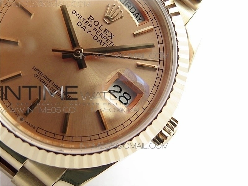 Day-Date 36 128239 RG BP Best Edition Pink Gold Sticks Markers Dial on RG President Bracelet