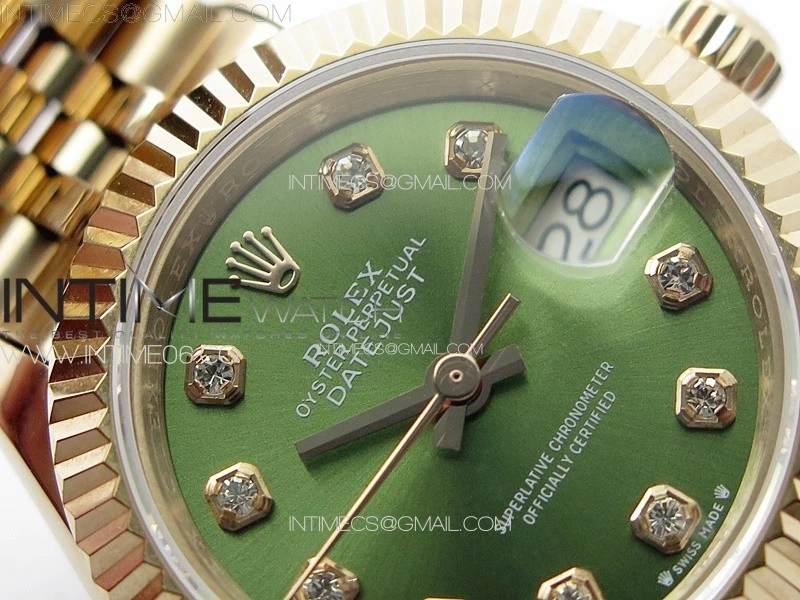Datejust 28mm 279179 RG APSF Best Edition Green Dial Crystals Markers on SS Jubilee Bracelet NH05